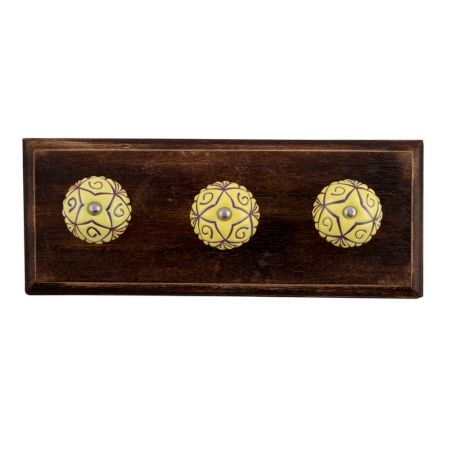 Yellow Base Brown Etched Ceramic Floral Wooden Hooks